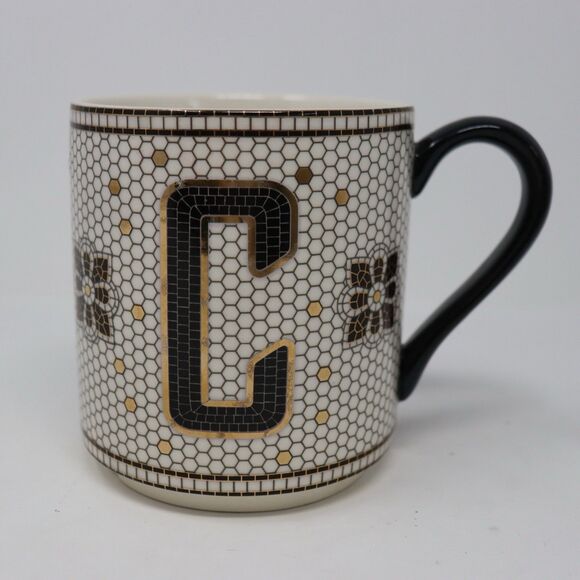 Anthropologie Mosaic Style Mug Featuring Letter C Black White Gold Leaf - Picture 1 of 5